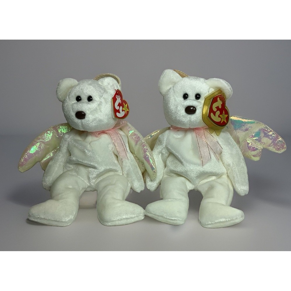 2 NEW Ty Halo The Bear 1998 Beanie Baby Iridescentโ Wings